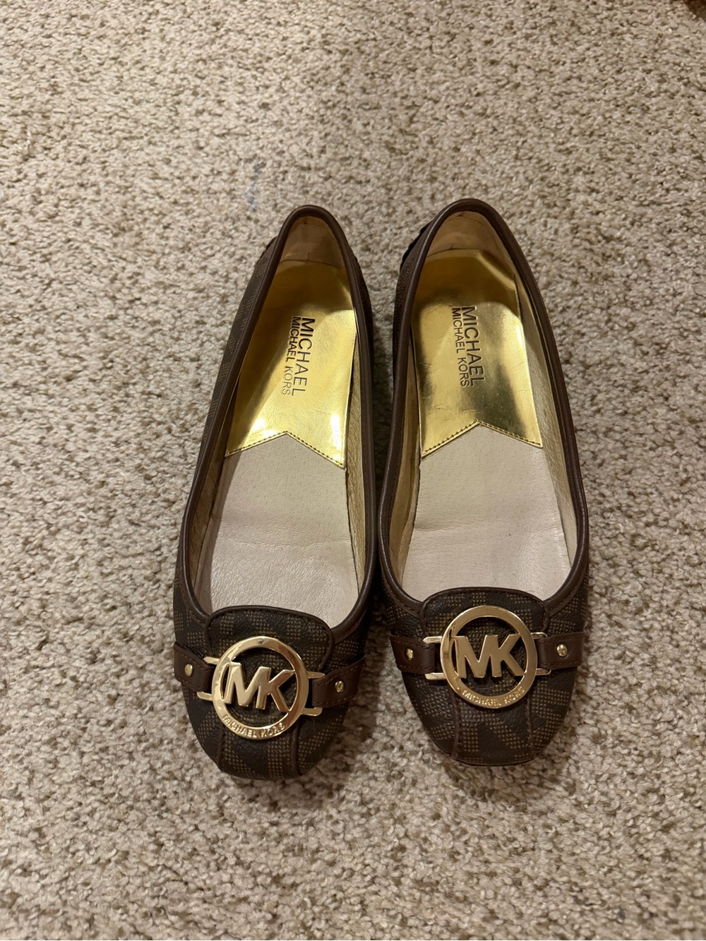 Michael Kors Brown Logo MK Round Buckle Ballet Flats